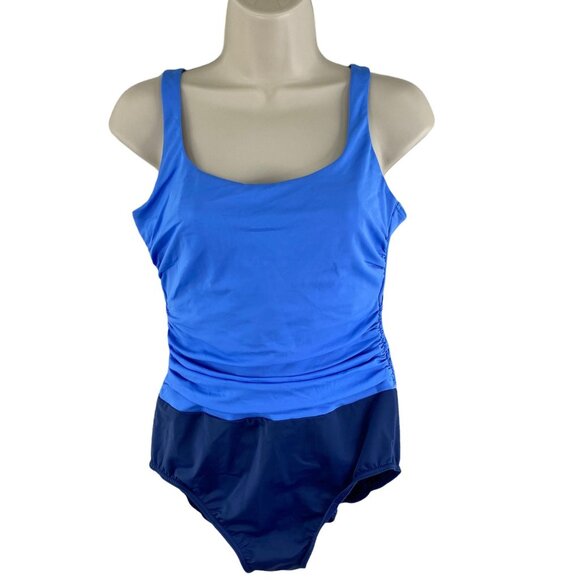 Lands End One Piece Swimsuit Womens 12 Blue Nylon Ruched Sides‎ - Picture 1 of 9